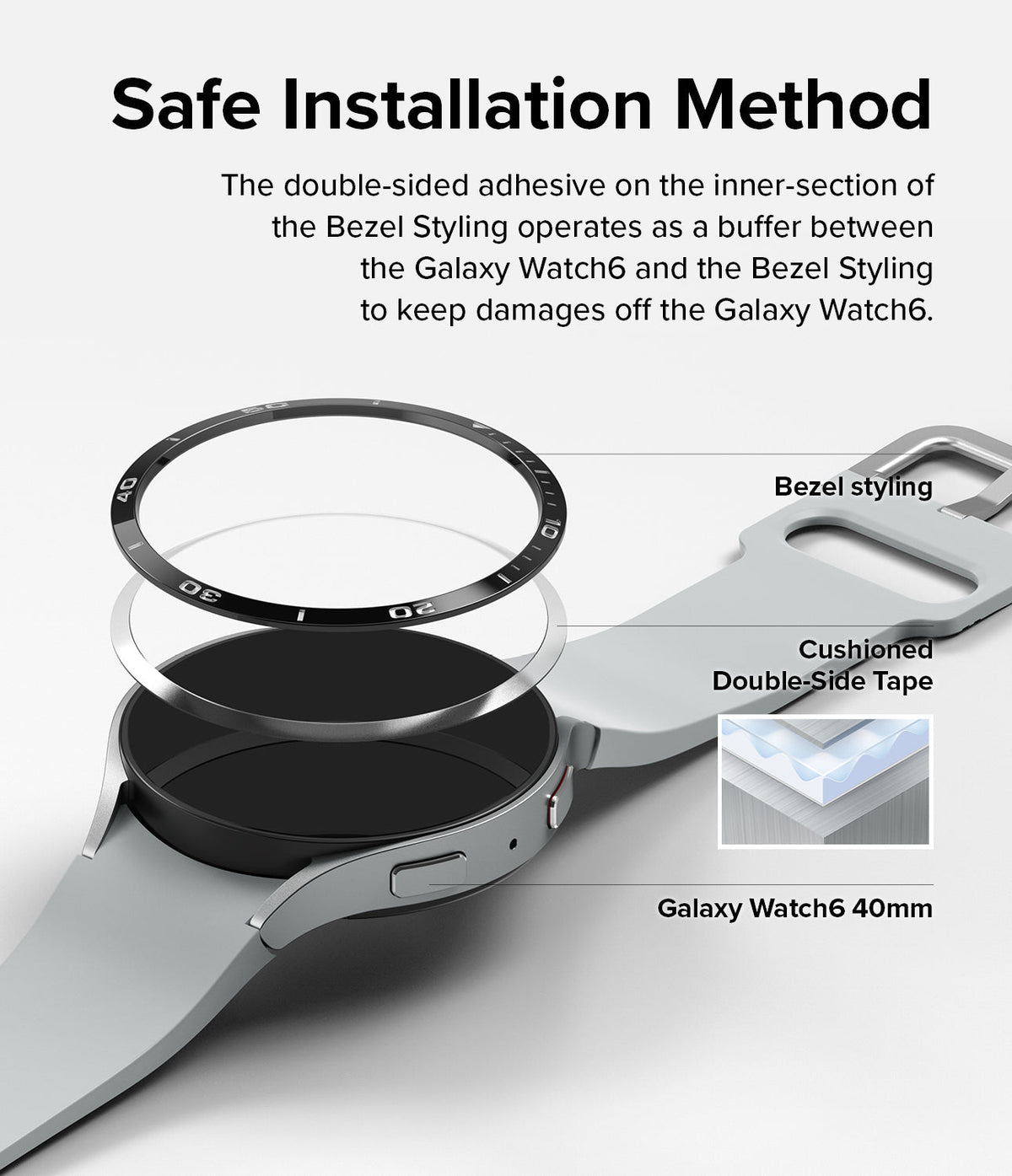 Galaxy Watch 6 40mm | Bezel Styling - Exploded view showing bezel, adhesive tape, and watch body for safe installation.
