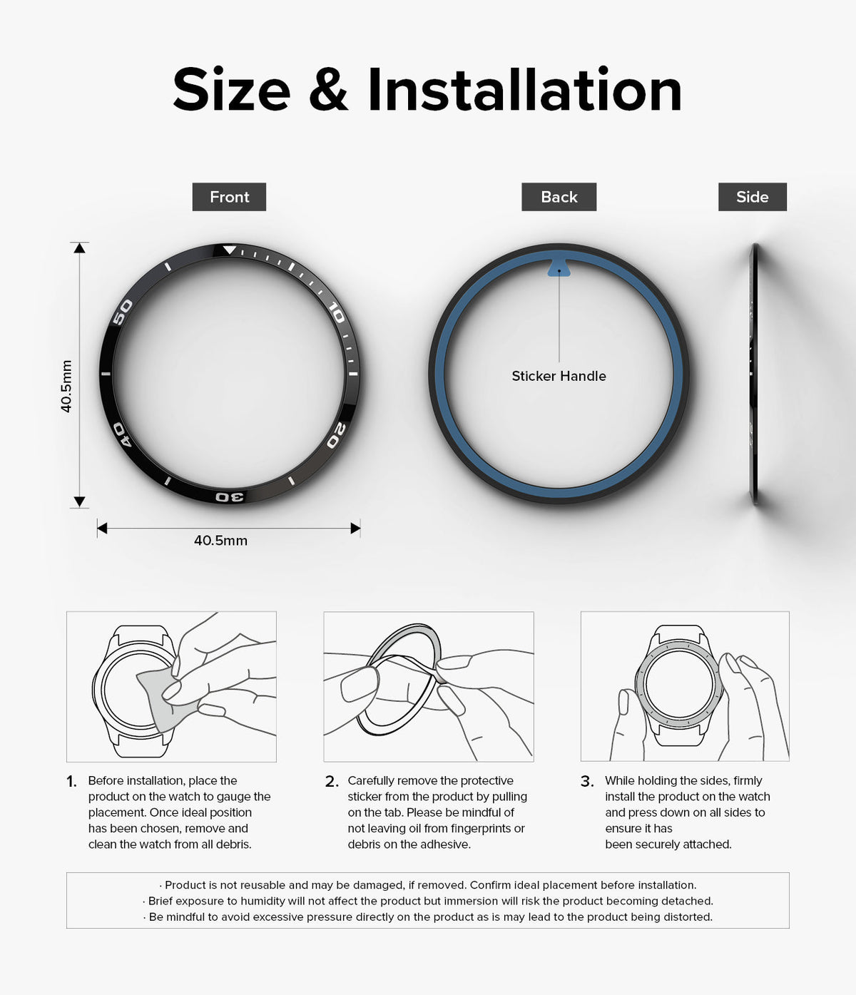 Galaxy Watch 6 40mm | Bezel Styling - Diagrams showing dimensions, adhesive backing, and three-step installation instructions.