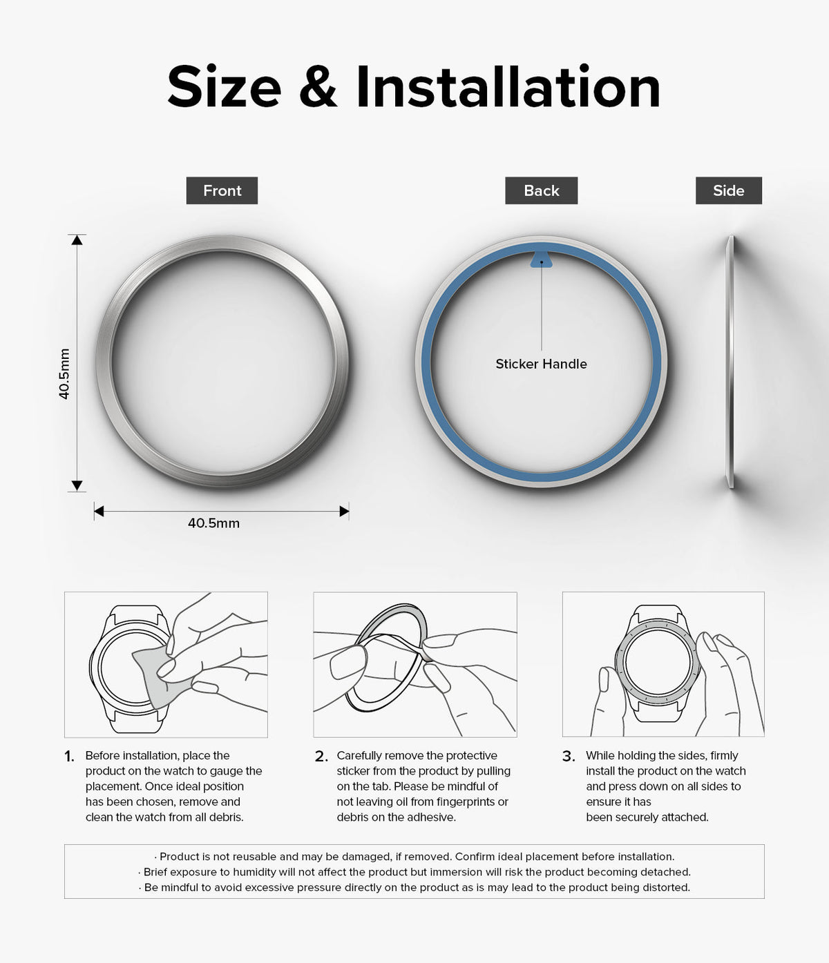 Galaxy Watch 6 40mm | Bezel Styling - Dimensions and three-step installation guide for applying a watch bezel cover.