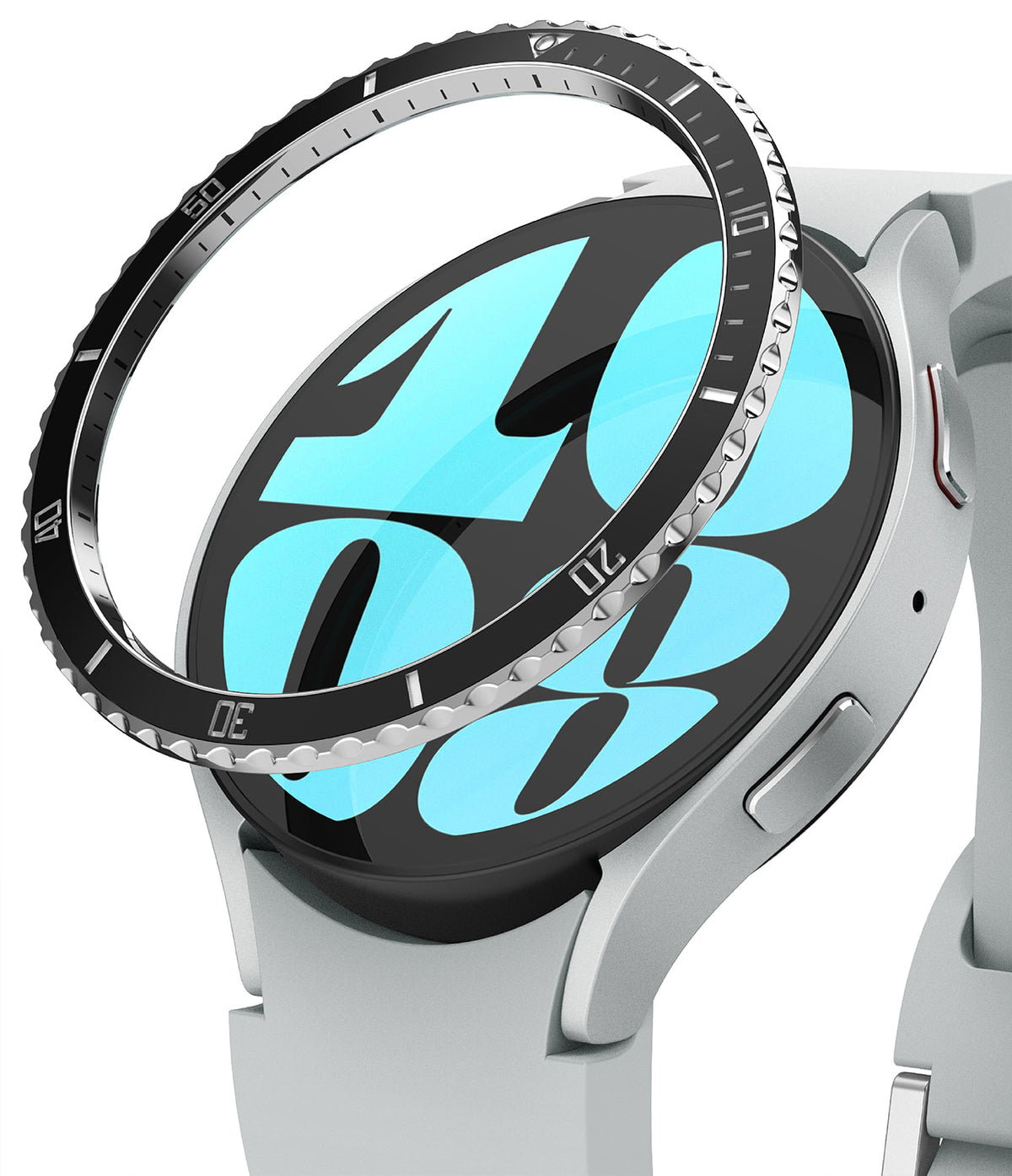 Galaxy Watch 6 (40mm) | Premium Bezel Styling - A black, notched metal bezel ring hovering above a silver smartwatch.