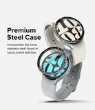 Galaxy Watch 6 (40mm) | Premium Bezel Styling - Two Galaxy Watches with black stainless steel bezels and silicone bands.