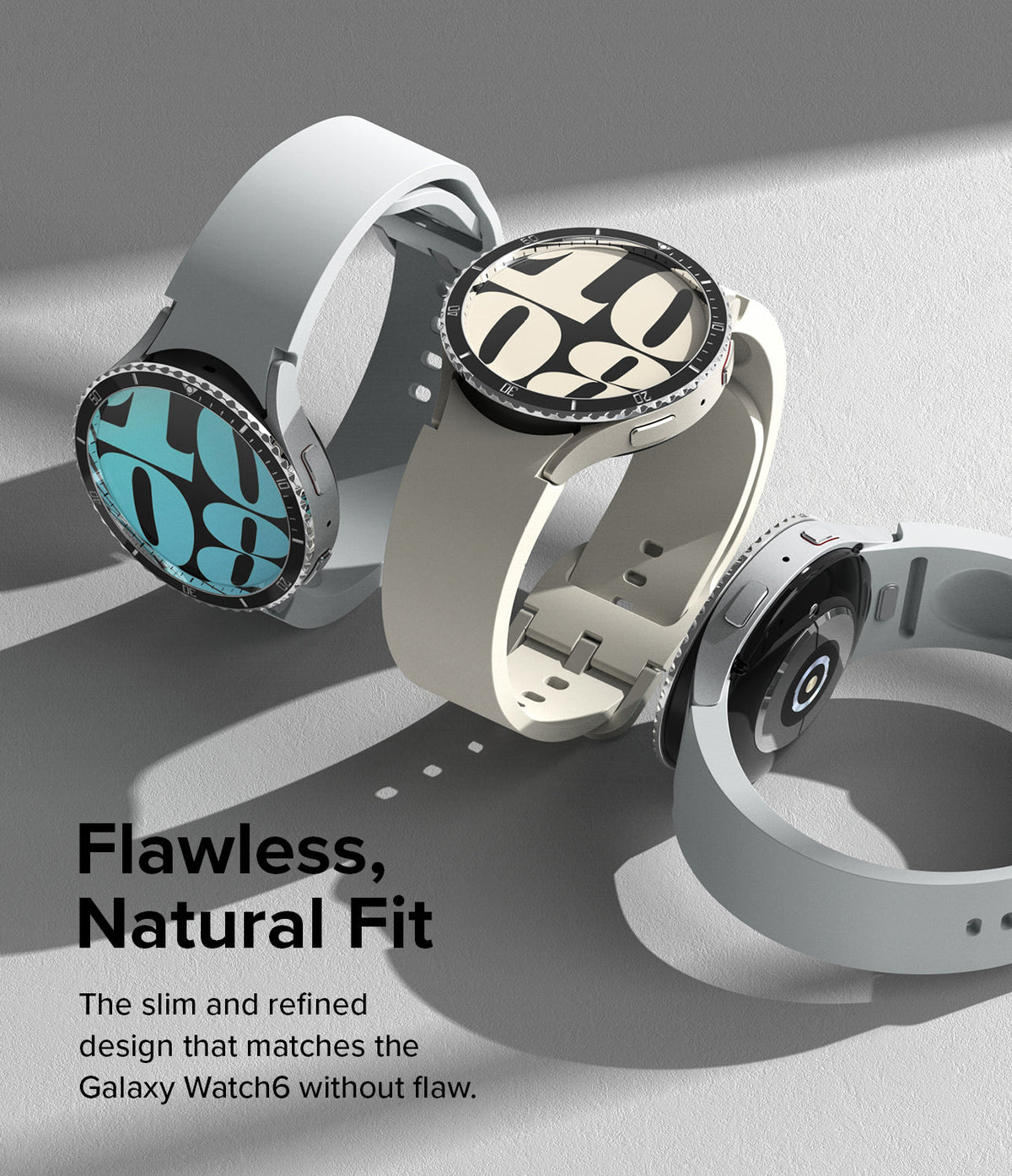 Galaxy Watch 6 (40mm) | Premium Bezel Styling - Three Galaxy Watch 6 units with decorative bezels and silicone bands.