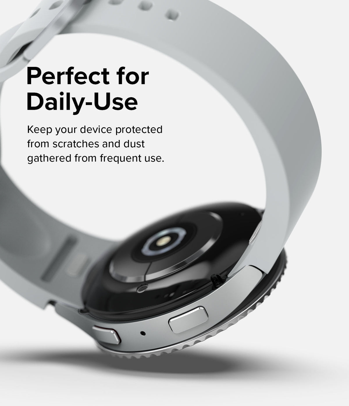Galaxy Watch 6 (40mm) | Premium Bezel Styling - Close-up of a silver smartwatch with a protective bezel and light grey band.