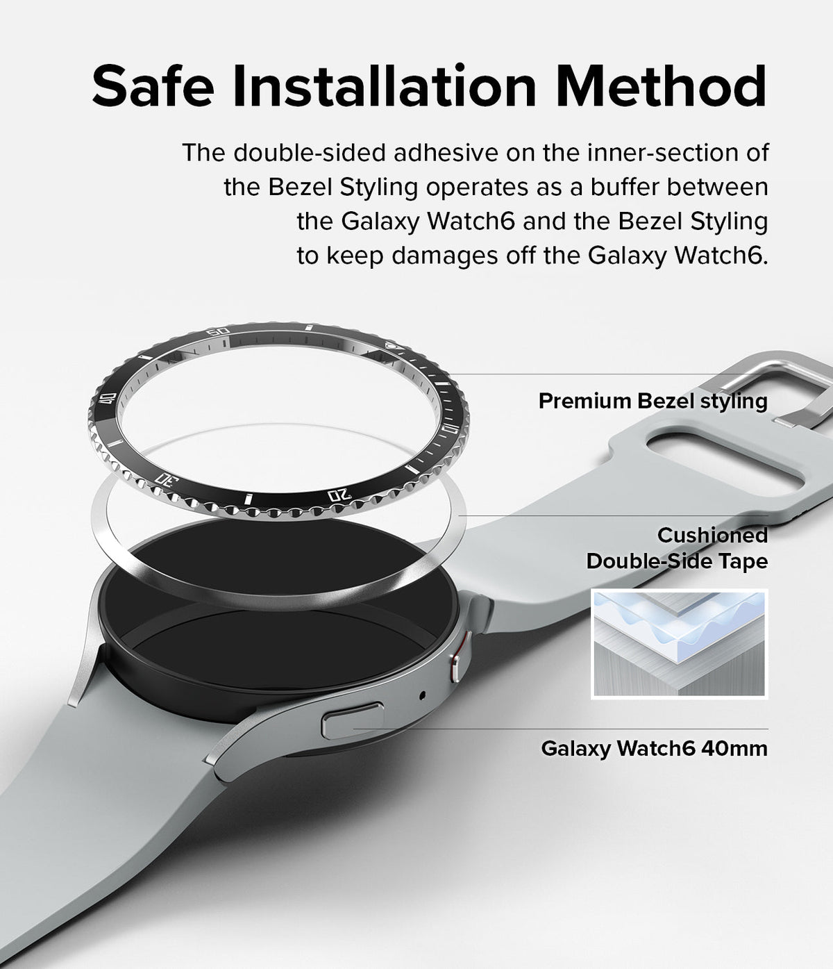 Galaxy Watch 6 (40mm) | Premium Bezel Styling - Exploded view showing bezel, adhesive ring, and watch body assembly.
