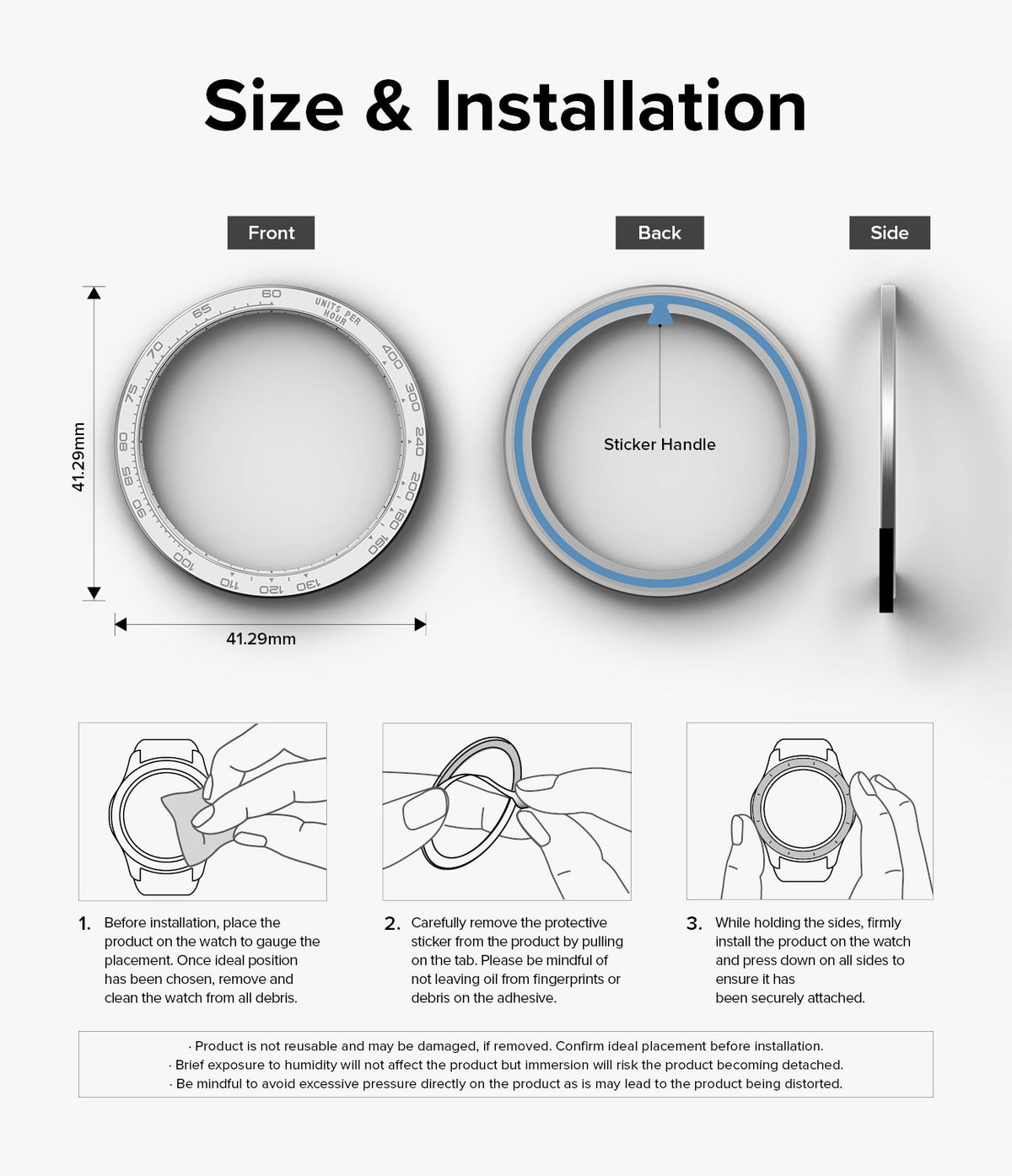 Galaxy Watch 6 (40mm) | Premium Bezel Styling - Technical diagram showing bezel dimensions and three-step installation.