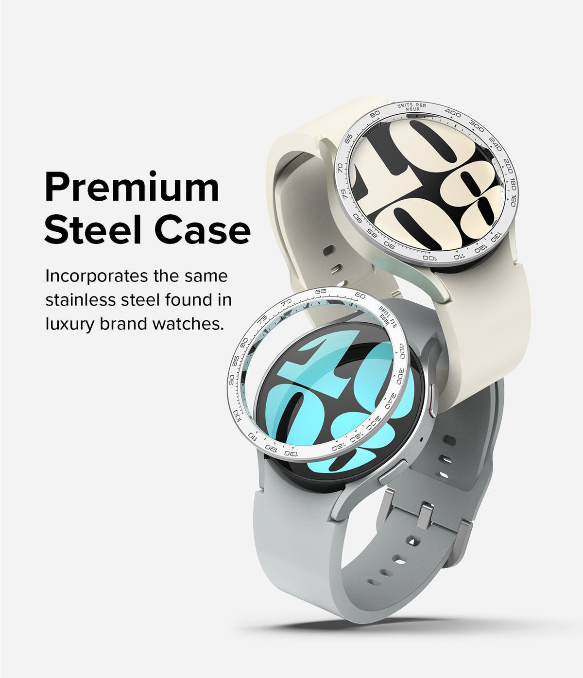 Galaxy Watch 6 (40mm) | Premium Bezel Styling - Two smartwatches with metallic tachymeter bezels stacked vertically.