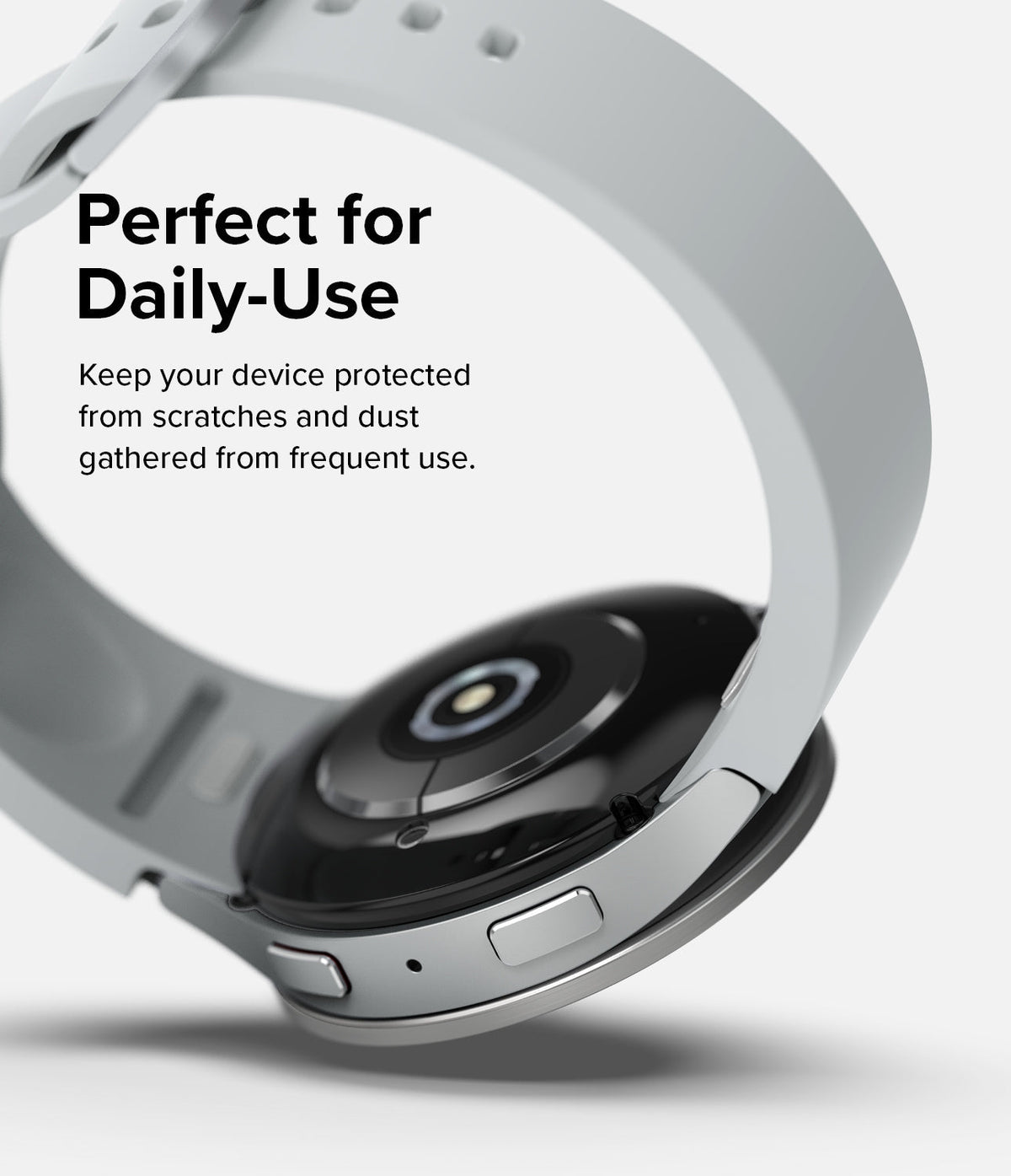 Galaxy Watch 6 (40mm) | Premium Bezel Styling - Close-up of the watch back and side buttons with a light gray strap.