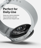 Galaxy Watch 6 (40mm) | Premium Bezel Styling - Close-up of the watch back and side buttons with a light gray strap.