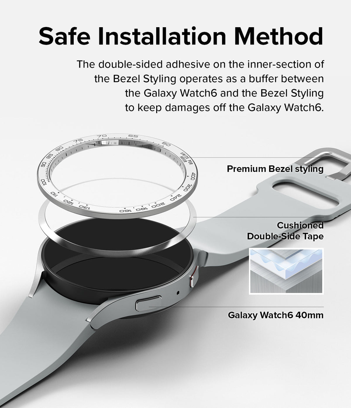 Galaxy Watch 6 (40mm) | Premium Bezel Styling - Exploded view showing bezel, adhesive ring, and watch body assembly.