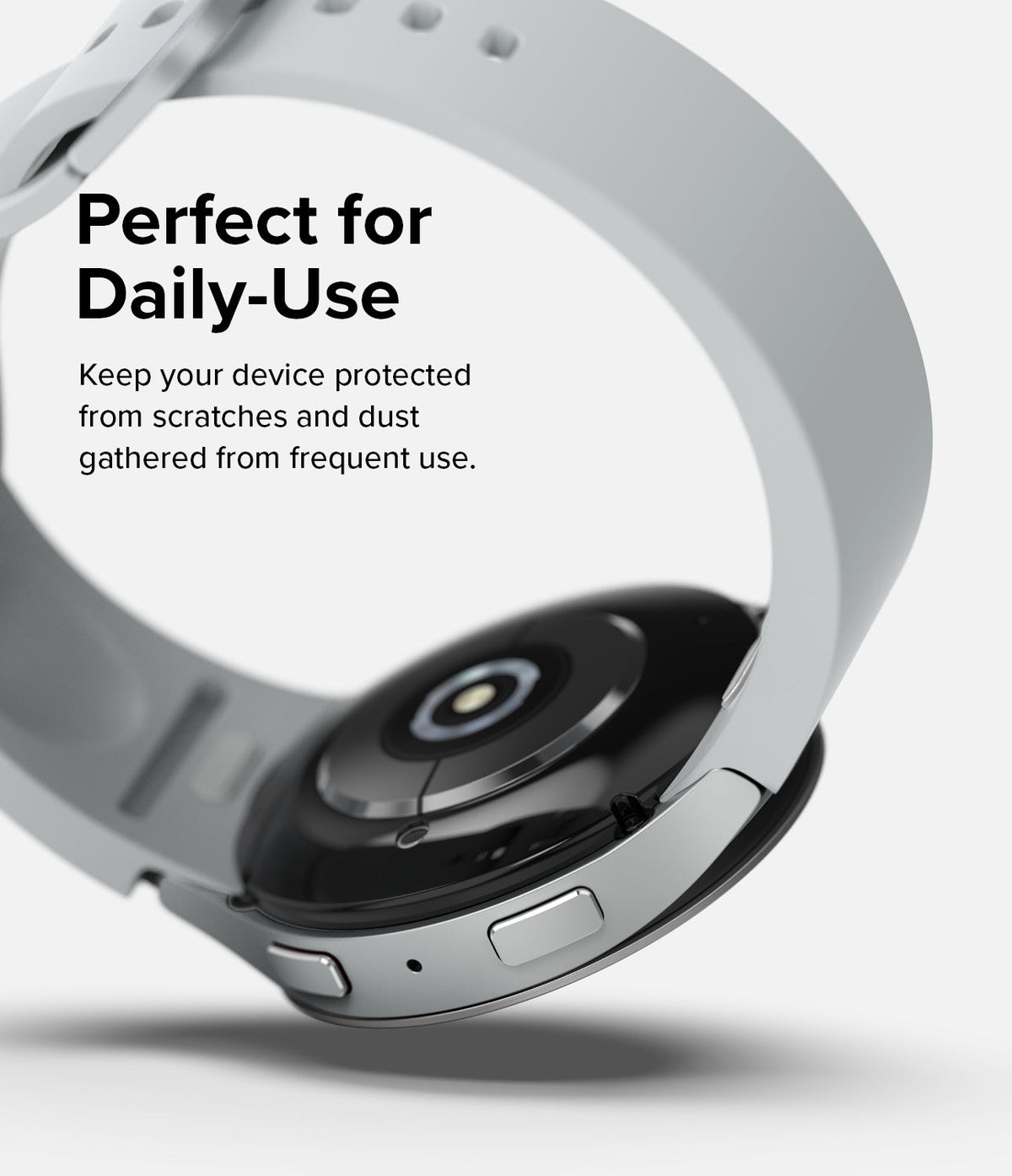 Galaxy Watch 6 44mm | Bezel Styling - Close-up of a silver smartwatch with a white band, highlighting the protective bezel.