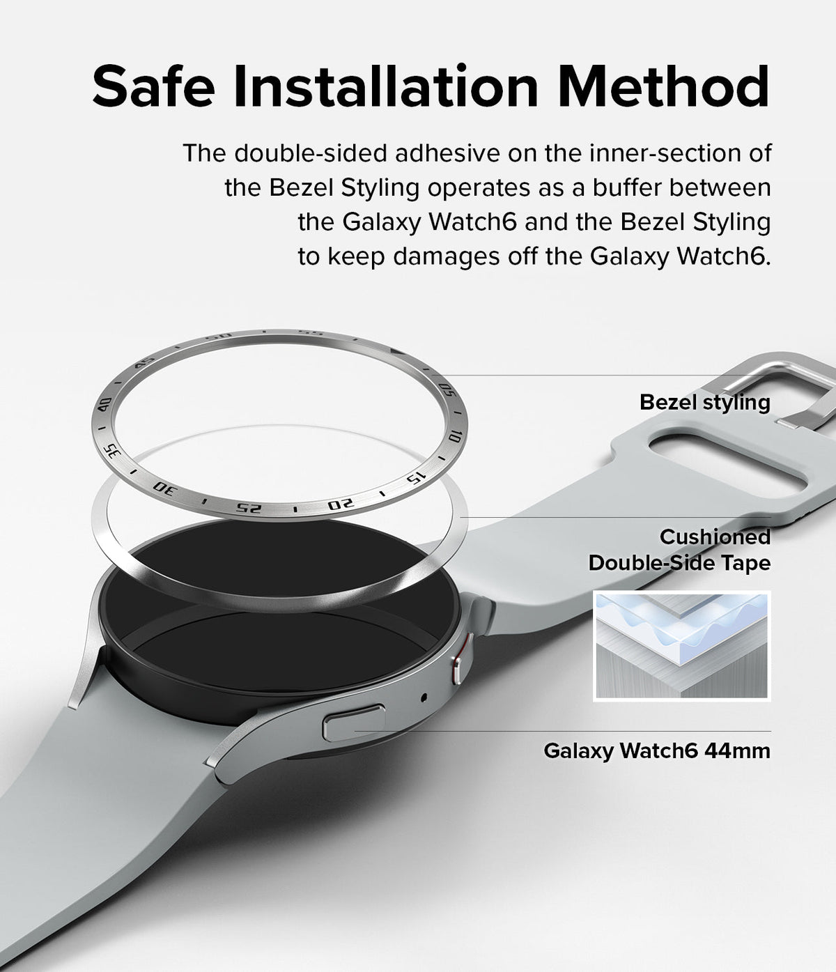 Galaxy Watch 6 44mm | Bezel Styling - Exploded view showing bezel, adhesive ring, and watch face with installation labels.