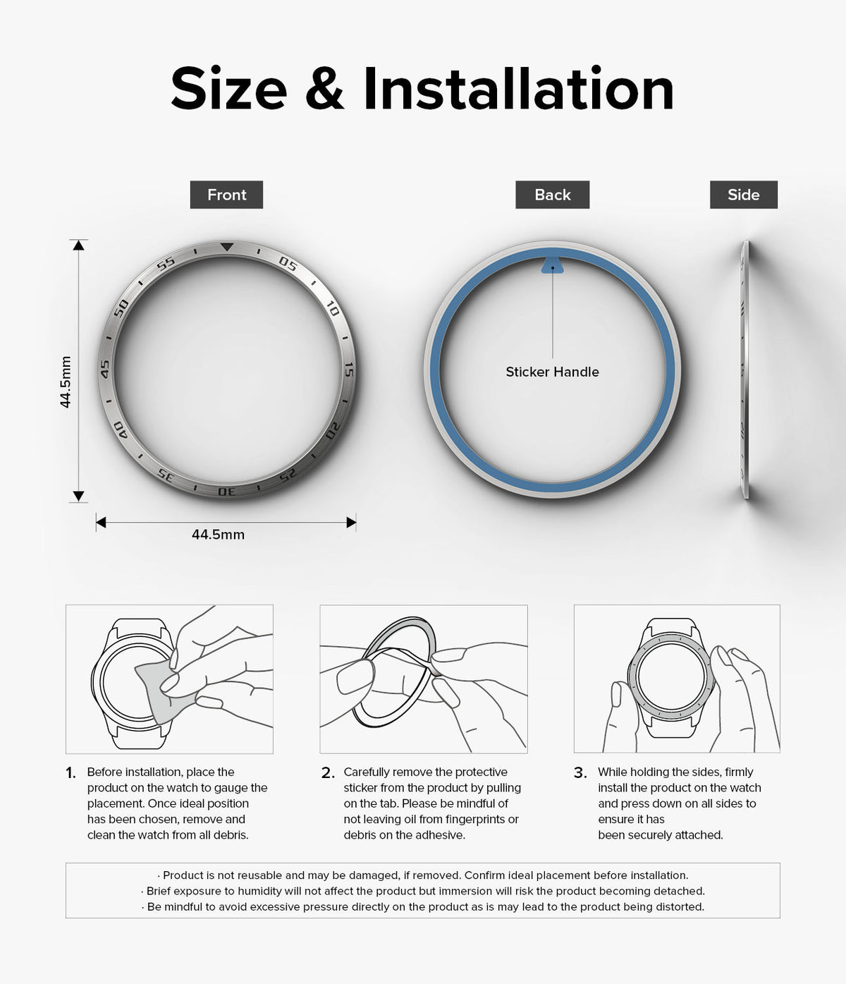 Galaxy Watch 6 44mm | Bezel Styling - Technical diagram showing bezel dimensions and three-step installation instructions.