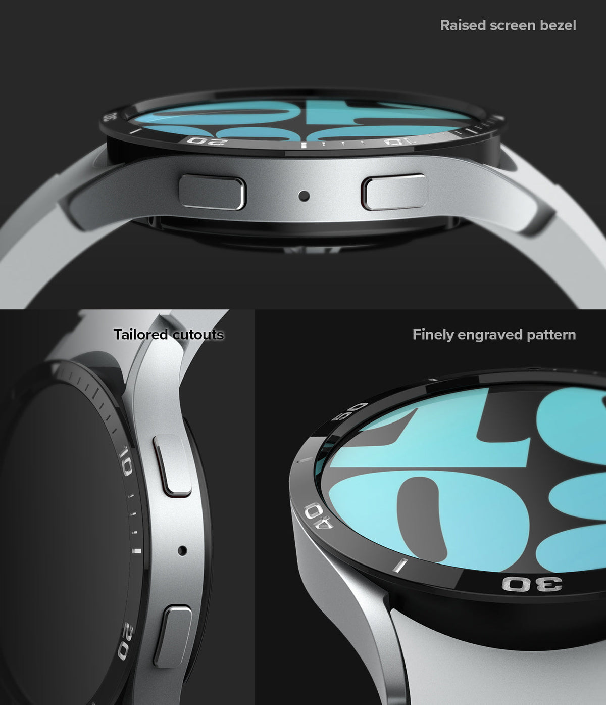 Galaxy Watch 6 44mm | Bezel Styling - Close-up views of a silver watch bezel featuring raised edges, tailored cutouts, and engraved markings.