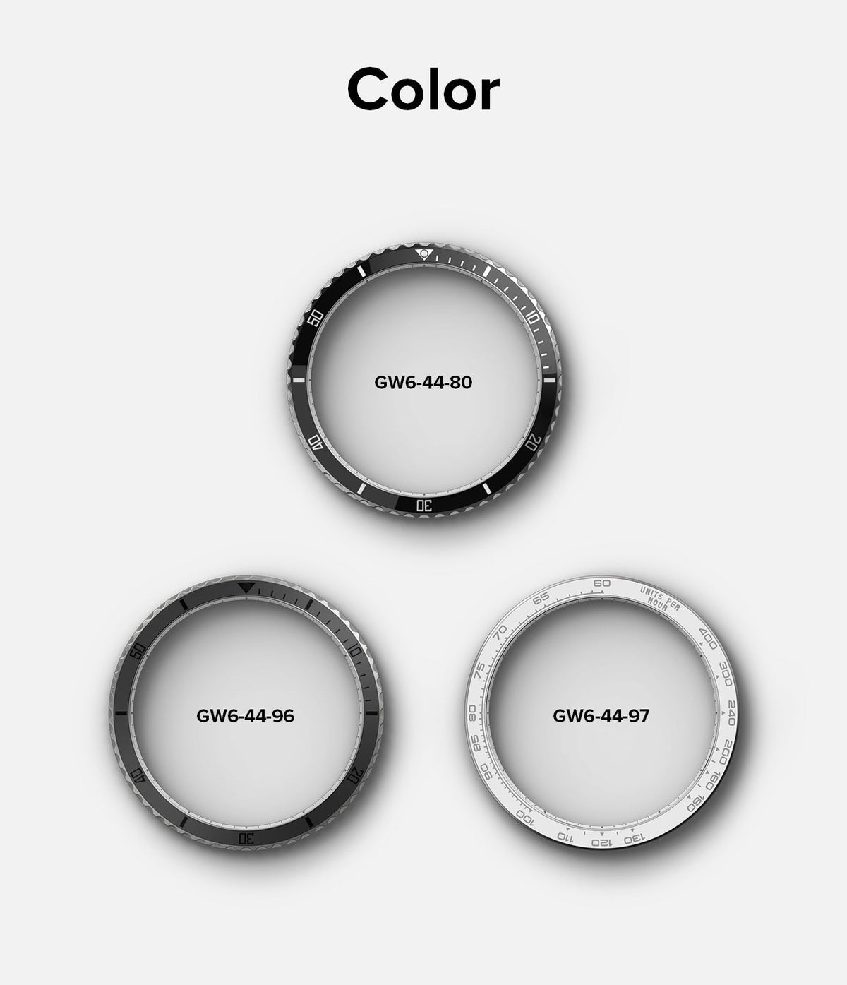 Galaxy Watch 6 (44mm) | Premium Bezel Styling - Three circular watch bezels in black and silver with numeric markings.
