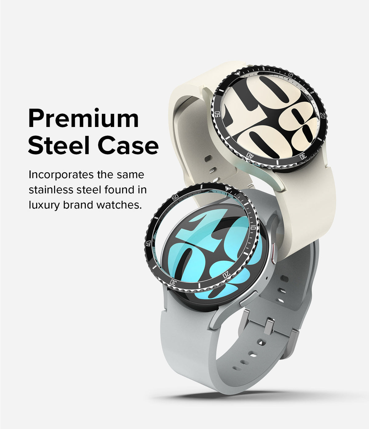 Galaxy Watch 6 (44mm) | Premium Bezel Styling - Two Galaxy Watch 6 units with black stainless steel bezels and silicone bands.