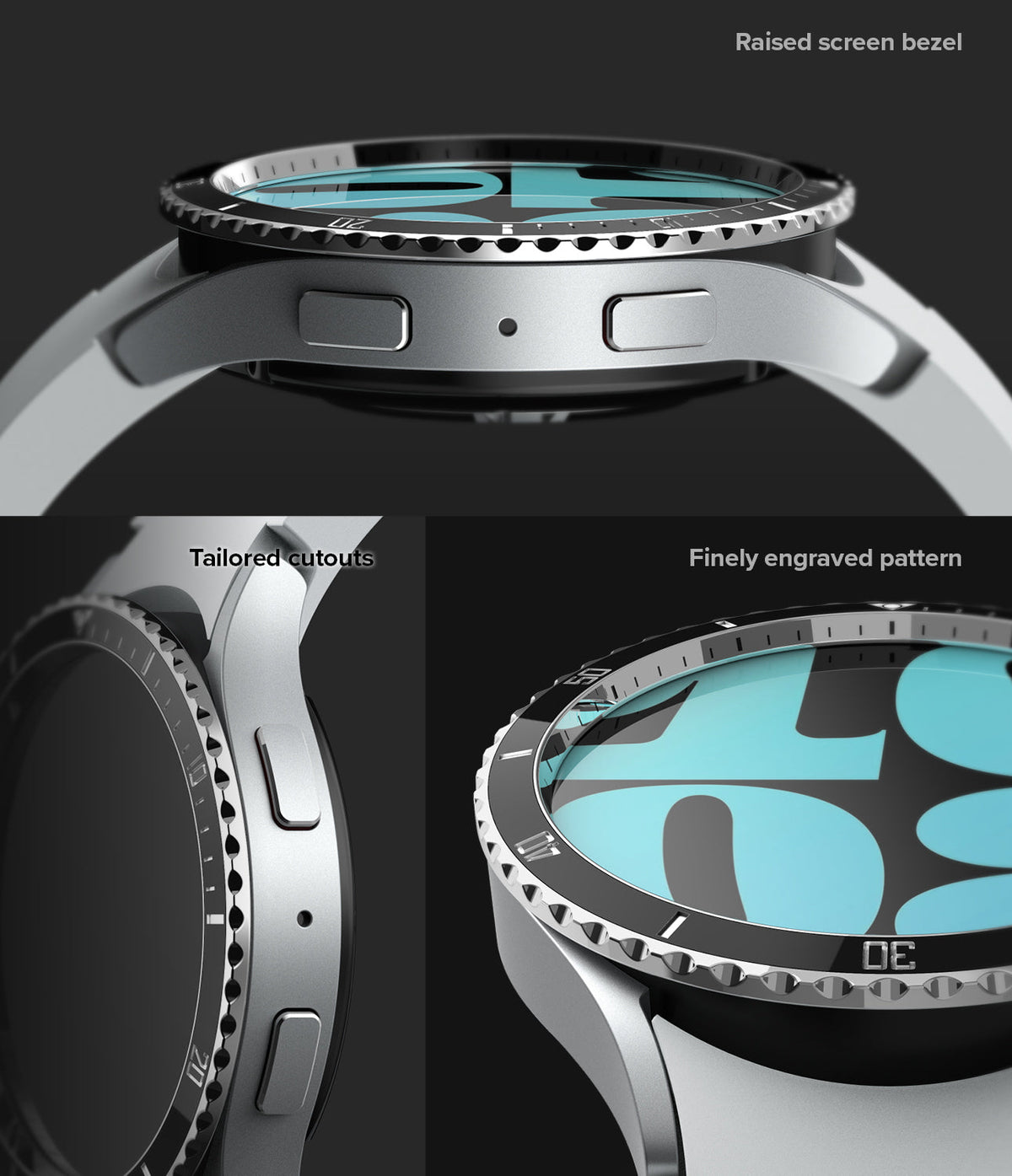 Galaxy Watch 6 (44mm) | Premium Bezel Styling - Close-up of watch showing raised bezel, engraved pattern, and cutouts.