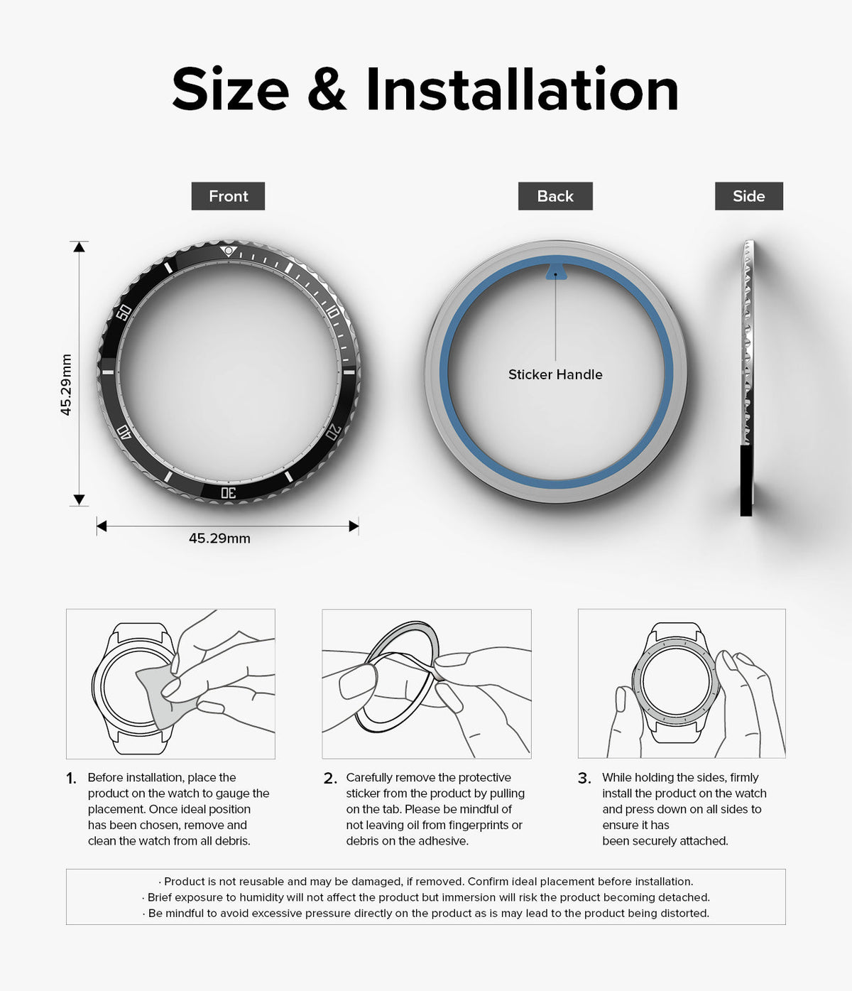 Galaxy Watch 6 (44mm) | Premium Bezel Styling - Dimensions and three-step installation guide for a watch bezel cover.