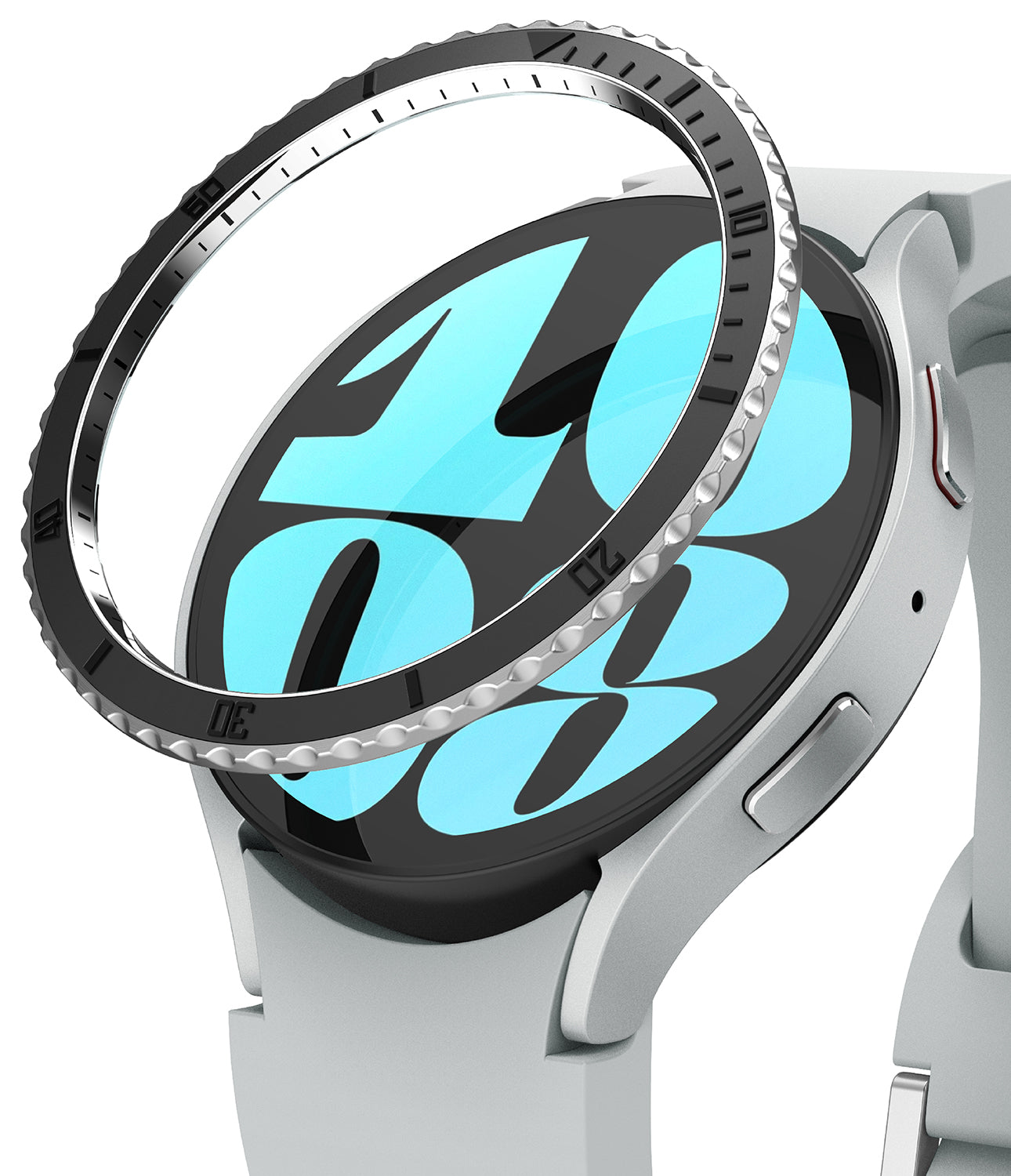 Galaxy Watch 6 (44mm) | Premium Bezel Styling - Galaxy Watch 6 (44mm) - A black, notched bezel ring hovering above a silver smartwatch with a large blue digital clock face.