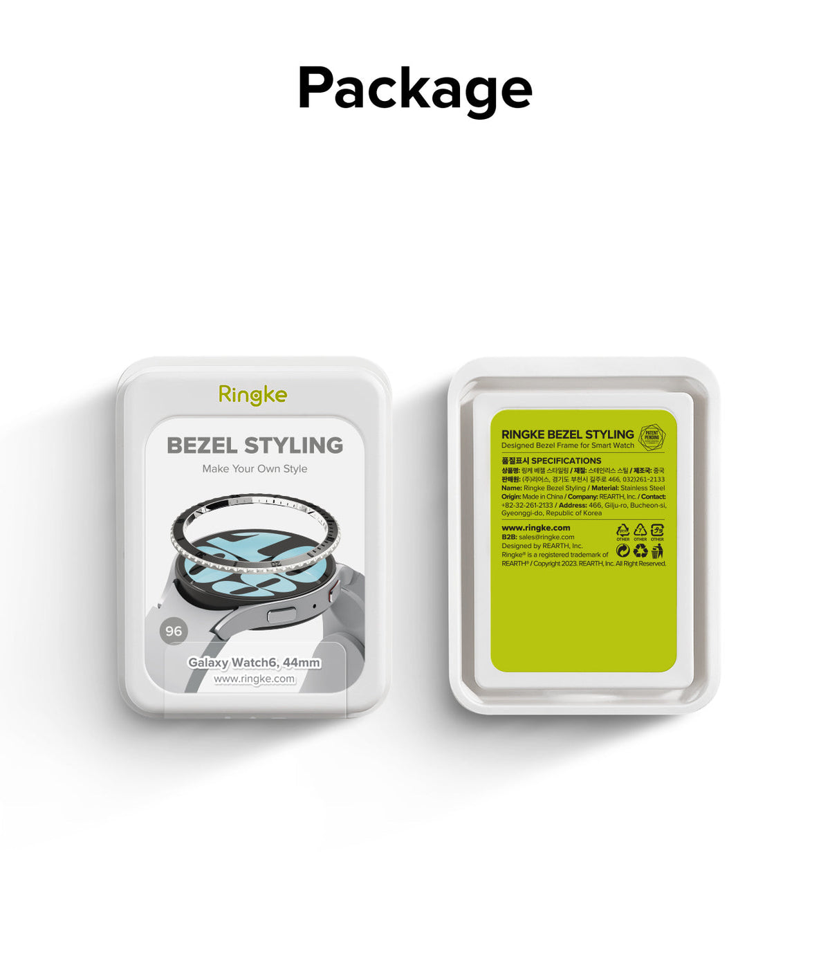 Galaxy Watch 6 (44mm) | Premium Bezel Styling - Front and back view of Ringke bezel styling packaging for Galaxy Watch 6.