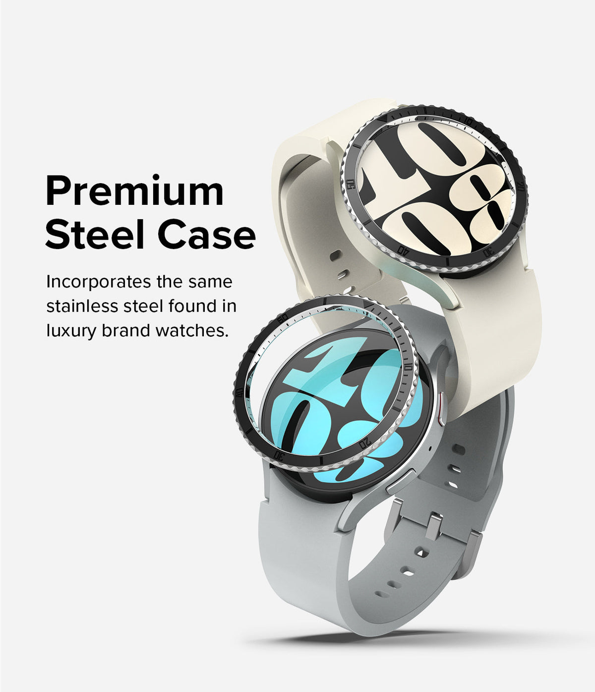 Galaxy Watch 6 (44mm) | Premium Bezel Styling - Two Galaxy Watches with stainless steel bezels stacked on a light background.