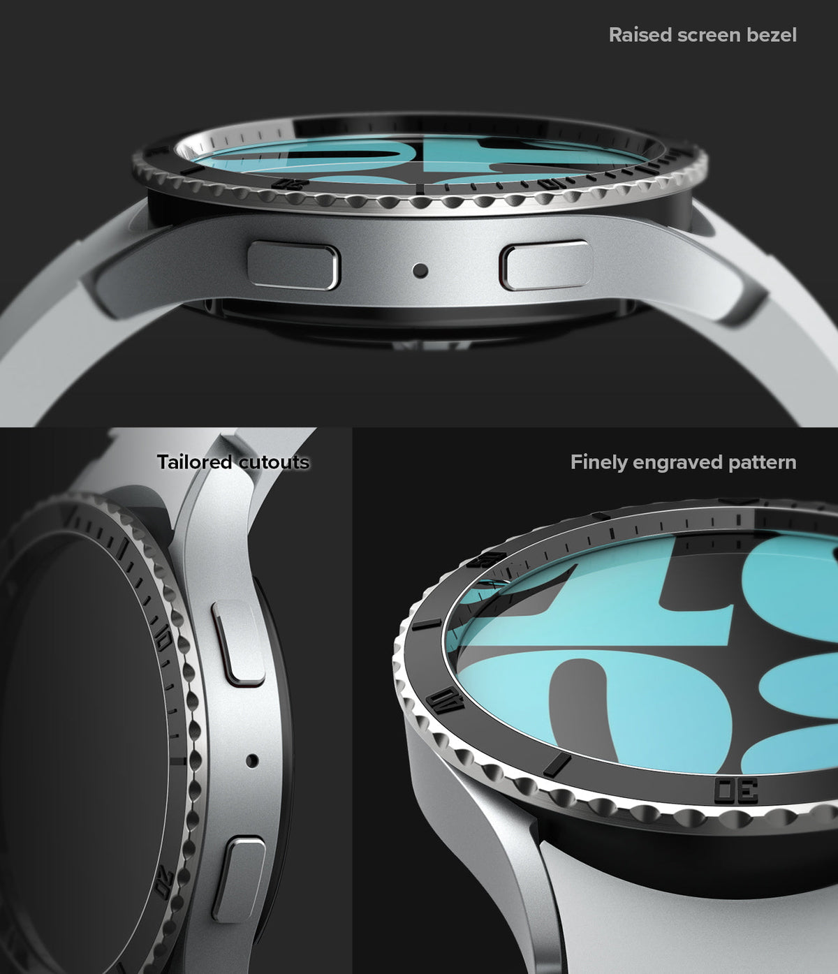 Galaxy Watch 6 (44mm) | Premium Bezel Styling - Close-up of silver watch with raised bezel, engraved pattern, and cutouts.