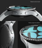 Galaxy Watch 6 (44mm) | Premium Bezel Styling - Close-up of silver watch with raised bezel, engraved pattern, and cutouts.