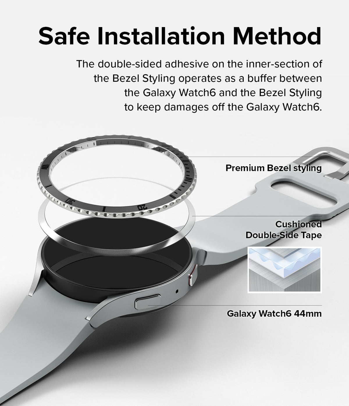 Galaxy Watch 6 (44mm) | Premium Bezel Styling - Exploded view showing bezel, adhesive ring, and watch body assembly.