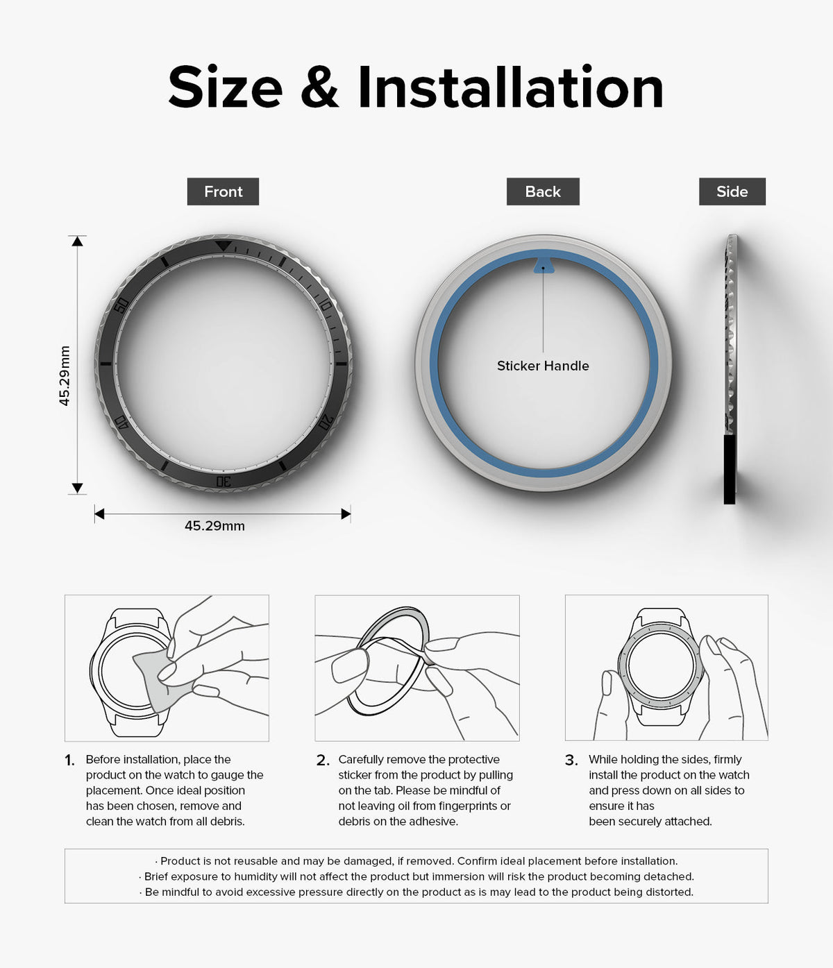 Galaxy Watch 6 (44mm) | Premium Bezel Styling - Diagram showing bezel dimensions, adhesive backing, and installation steps.