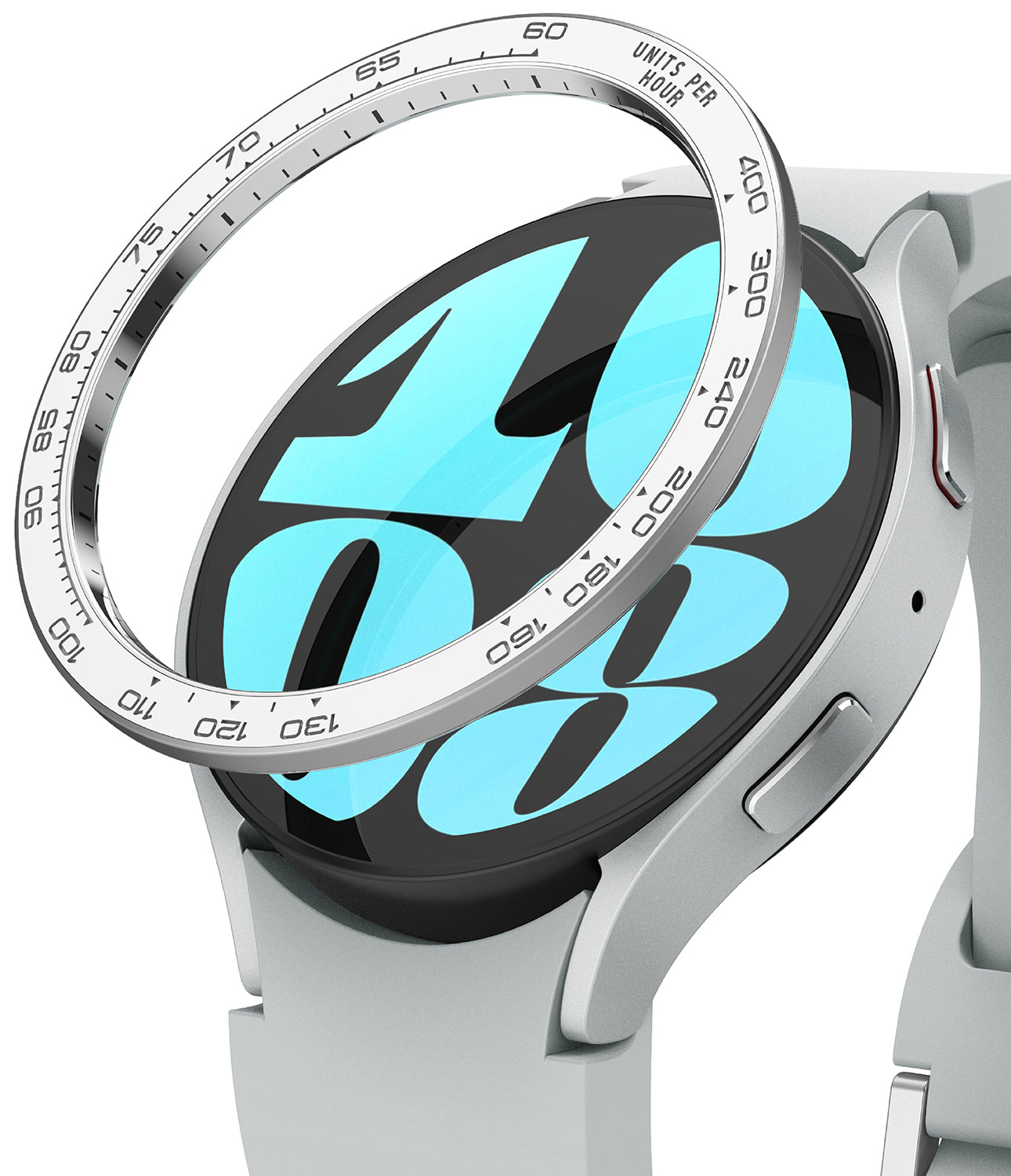 Galaxy Watch 6 (44mm) | Premium Bezel Styling - A silver tachymeter bezel ring hovering above a Galaxy Watch 6 face.