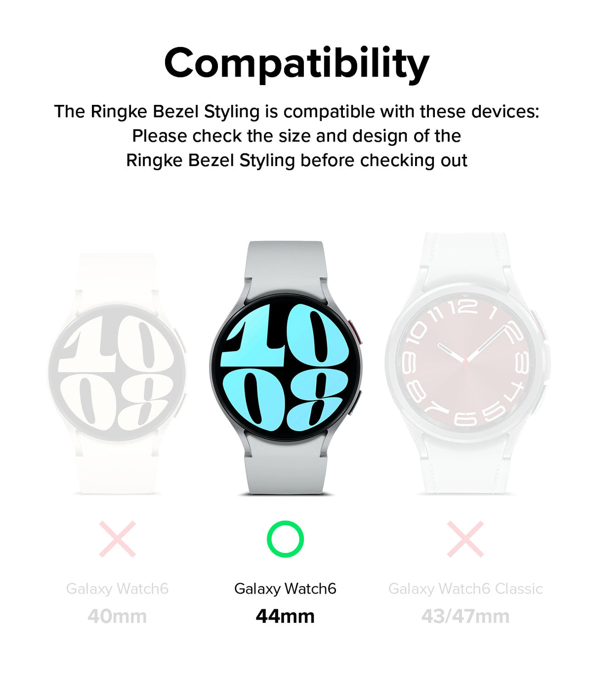 Galaxy Watch 6 (44mm) | Premium Bezel Styling - Compatibility chart showing the 44mm model as the correct fit.