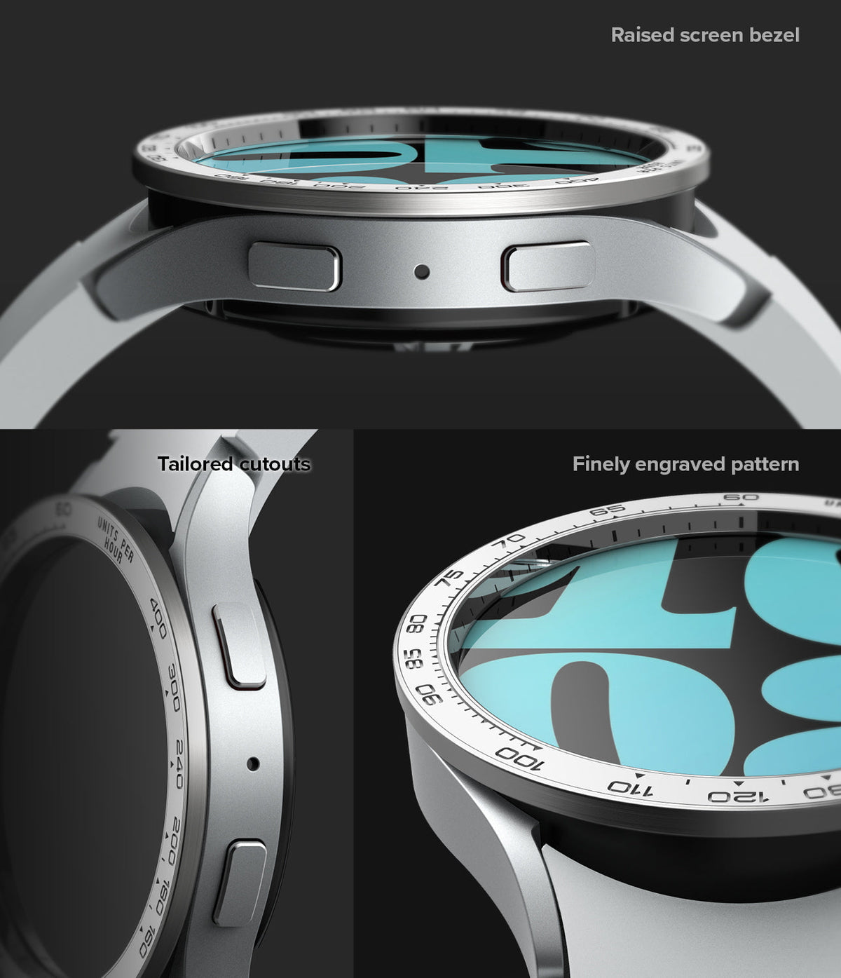 Galaxy Watch 6 (44mm) | Premium Bezel Styling - Galaxy Watch 6 (44mm) - Close-up of a silver watch with a raised, engraved bezel, tailored button cutouts, and a blue screen.
