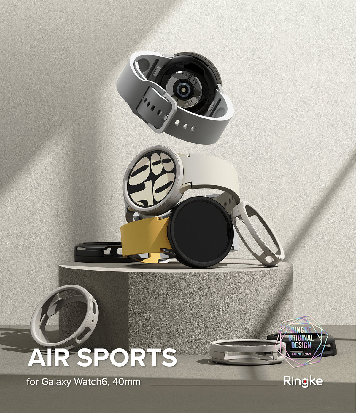 Galaxy Watch 6 40mm Case | Air Sports - Stacked Galaxy Watch 6 units with Air Sports cases in various colors on a pedestal.