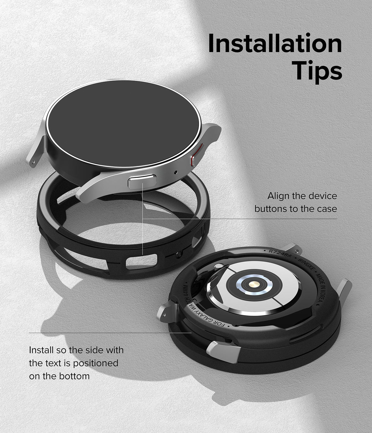 Galaxy Watch 6 40mm Case | Air Sports - Diagram showing how to align and install a protective case onto a smartwatch.