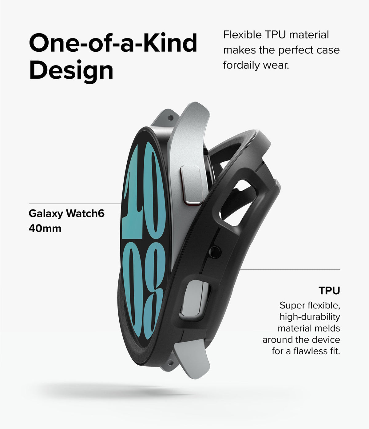Galaxy Watch 6 40mm Case | Air Sports - A black flexible TPU case being installed onto a silver Galaxy Watch 6 40mm.