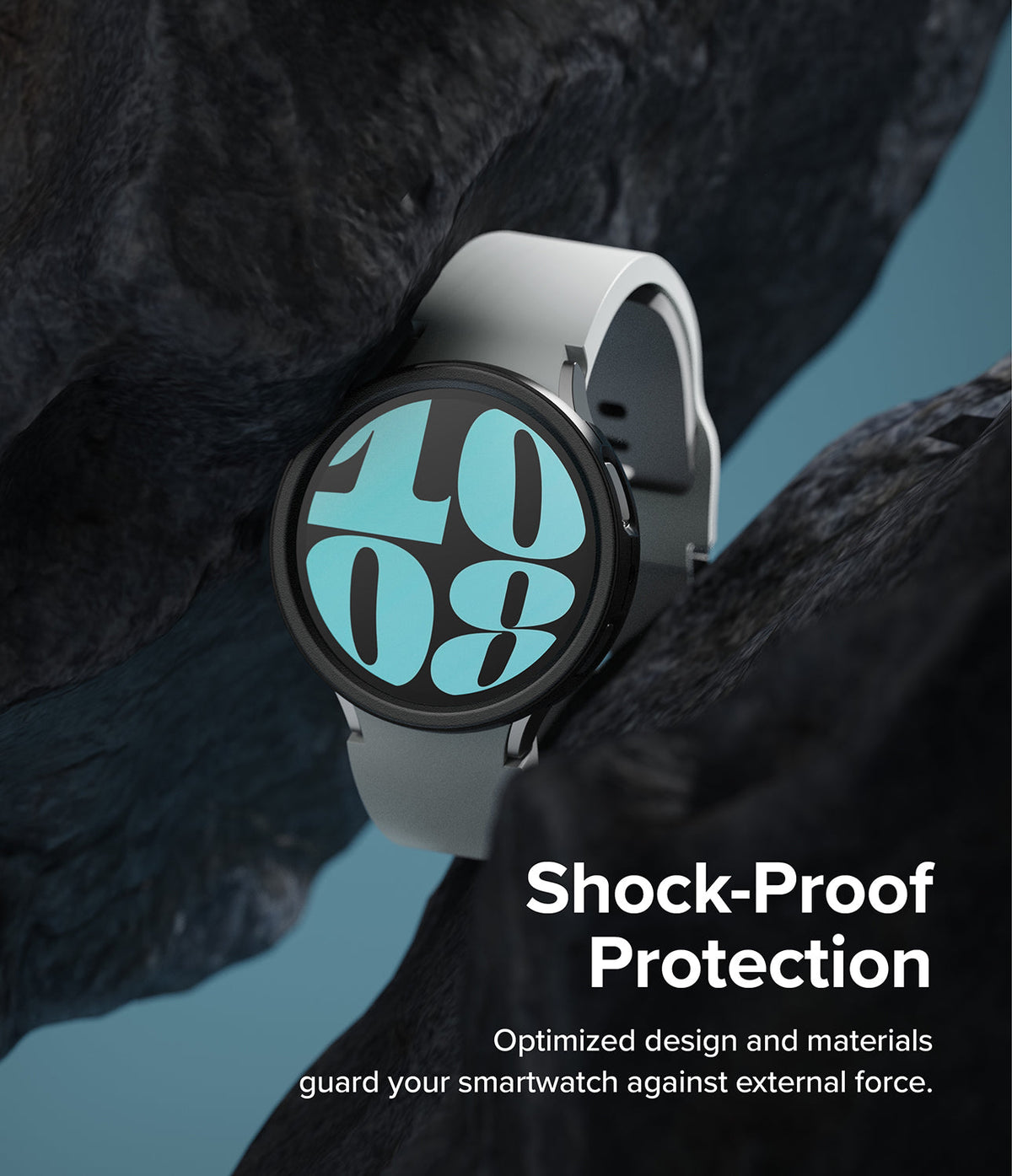 Galaxy Watch 6 40mm Case | Air Sports - Smartwatch with protective black case nestled between jagged dark rocks.