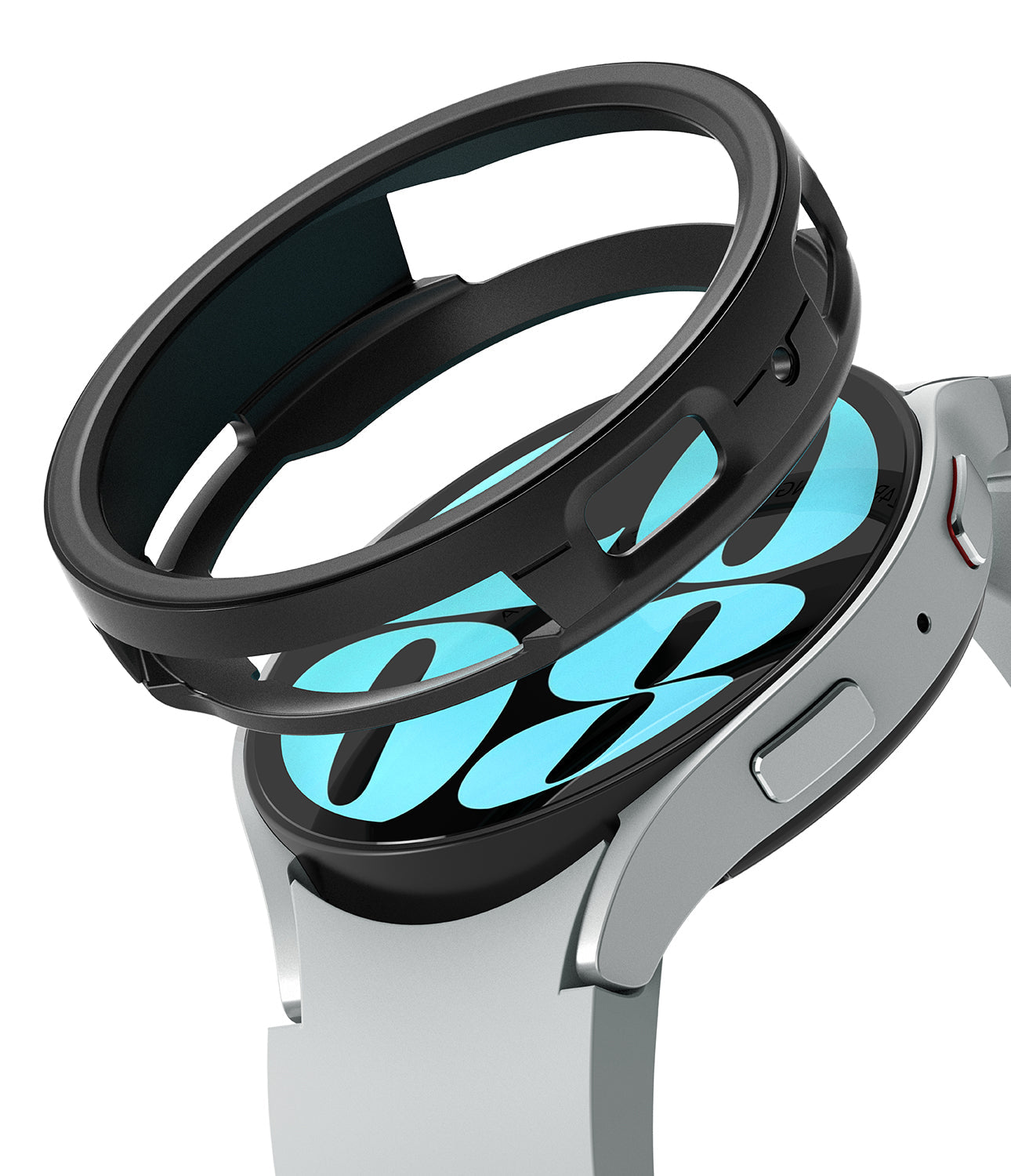 Galaxy Watch 6 40mm Case | Air Sports - A black protective watch case hovering above a silver Galaxy Watch 6.