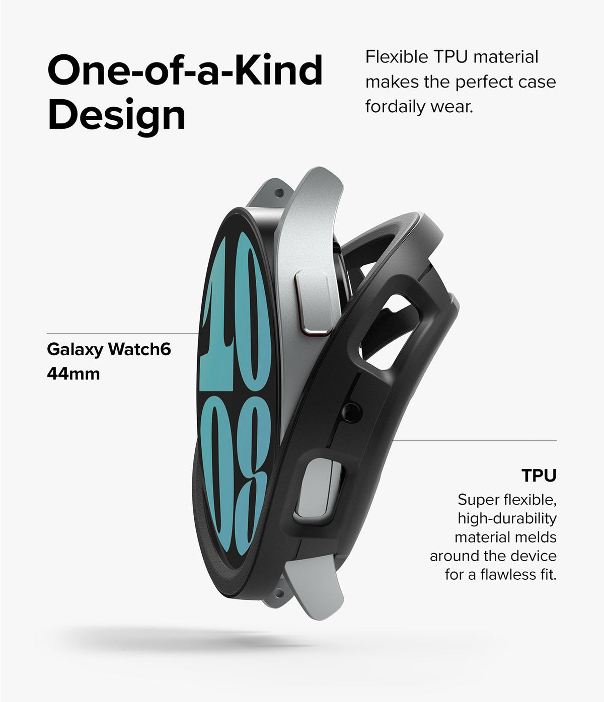 Galaxy Watch 6 44mm Case | Air Sports - A black TPU case being fitted onto a silver Galaxy Watch 6 44mm.