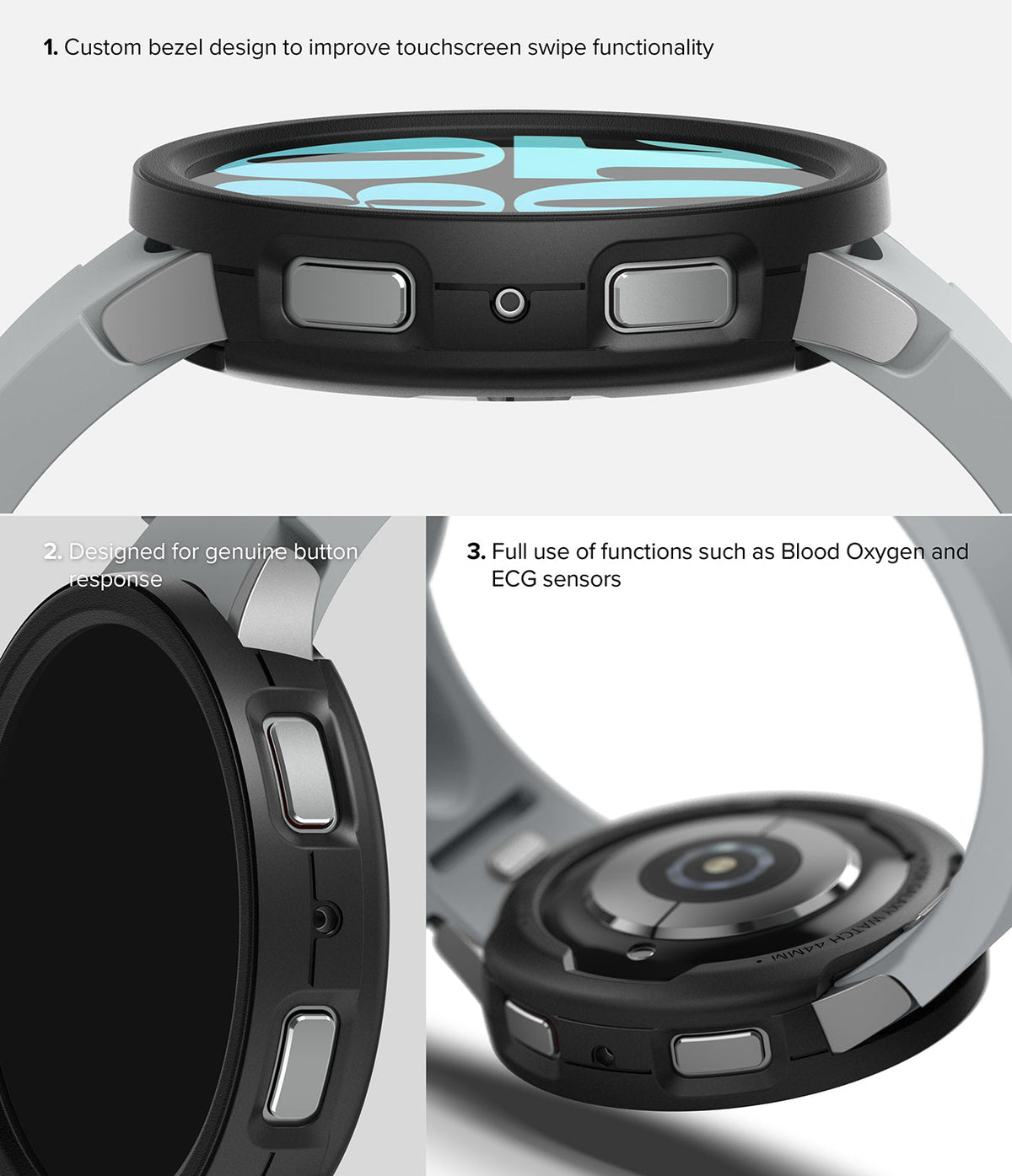 Galaxy Watch 6 44mm Case | Air Sports - Three views showing the black protective case with button and sensor access.