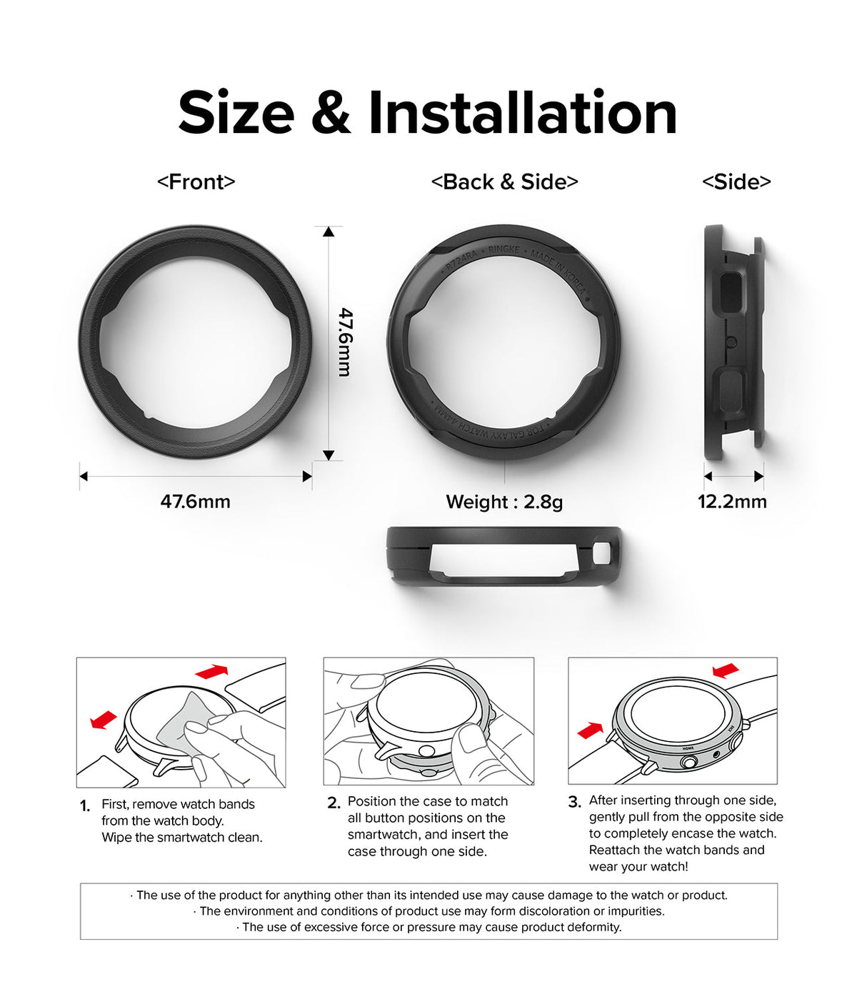 Galaxy Watch 6 44mm Case | Air Sports - Dimensions, weight, and three-step installation guide for the watch case.