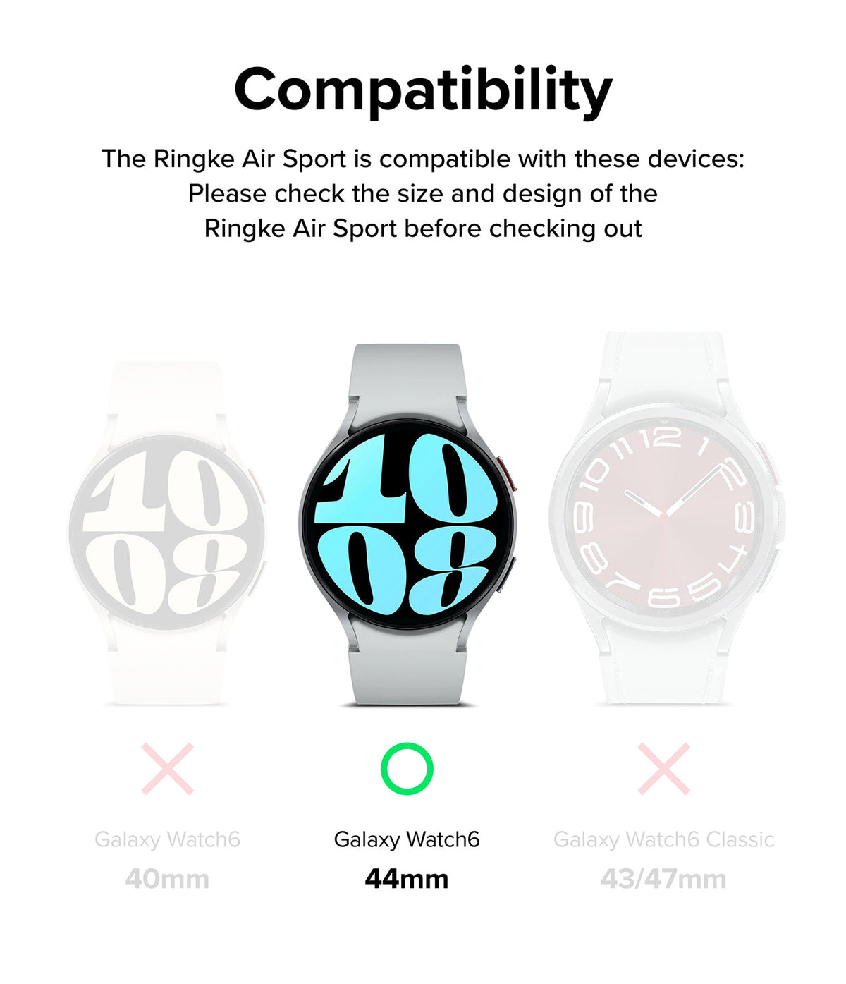 Galaxy Watch 6 44mm Case | Air Sports - Compatibility chart showing the 44mm model as the only compatible device.