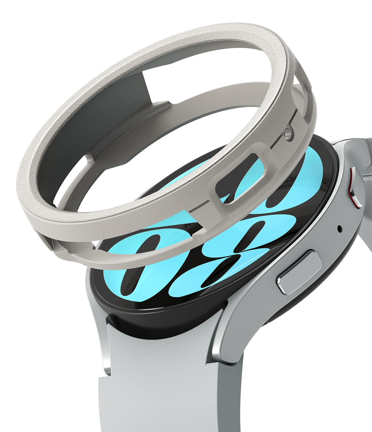 Galaxy Watch 6 44mm Case | Air Sports - A silver protective watch case hovering above a Galaxy Watch 6 with a blue dial.