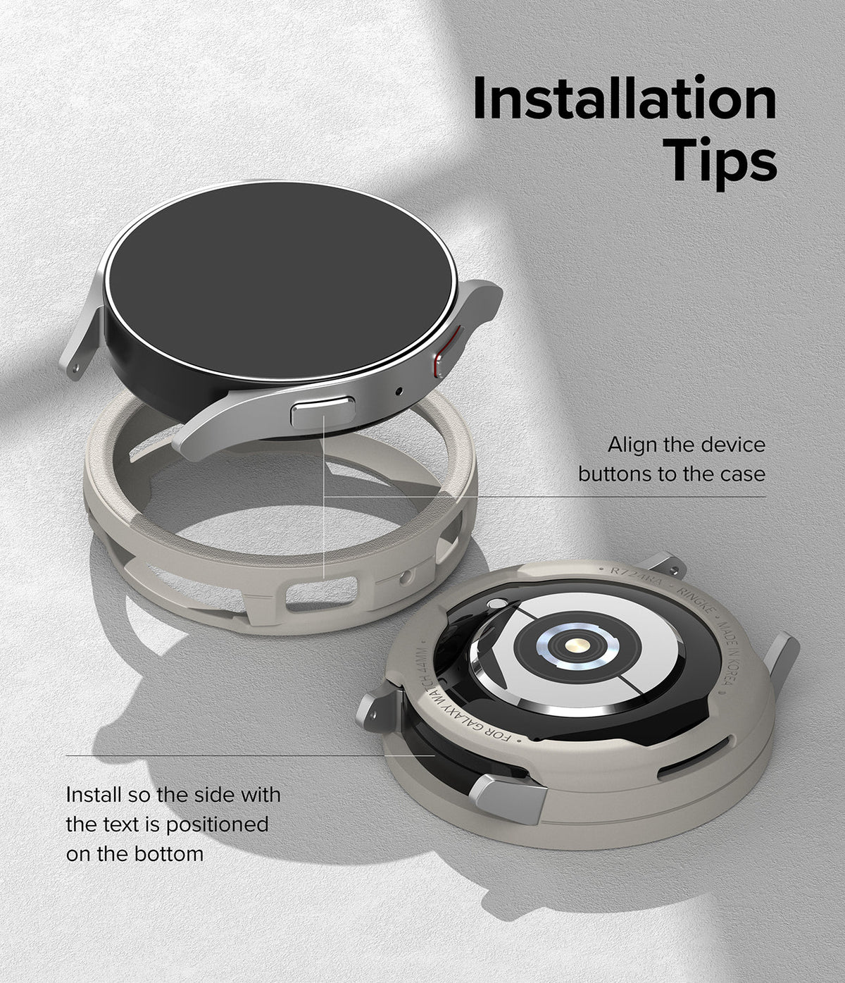 Galaxy Watch 6 44mm Case | Air Sports - Exploded view showing how to align the watch buttons and text with the protective case.