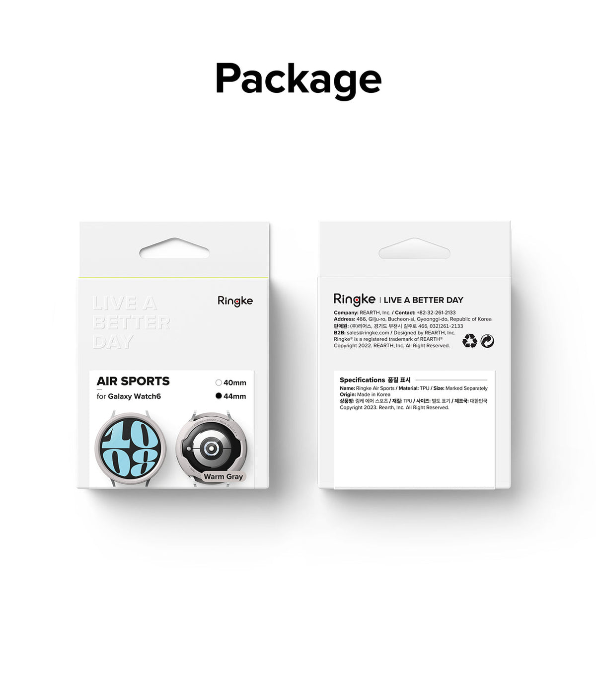 Galaxy Watch 6 44mm Case | Air Sports - Front and back view of Ringke Air Sports watch case packaging in Warm Gray.