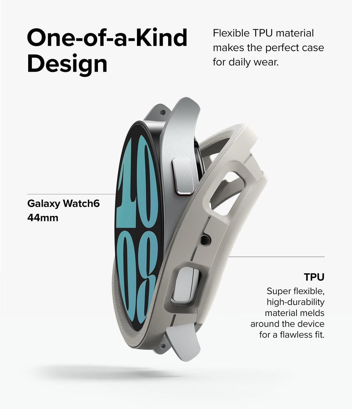 Galaxy Watch 6 44mm Case | Air Sports - A flexible TPU case being installed onto a silver Galaxy Watch 6 44mm.