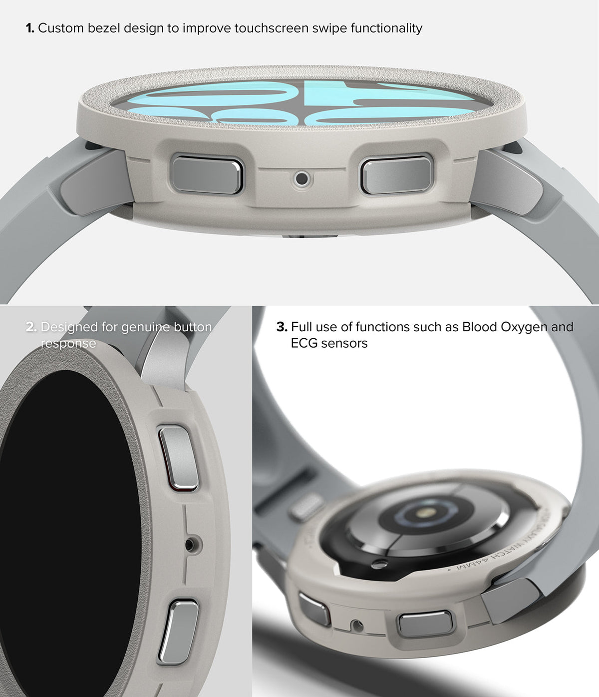 Galaxy Watch 6 44mm Case | Air Sports - Three views showing the protective case's bezel, button access, and sensor clearance.