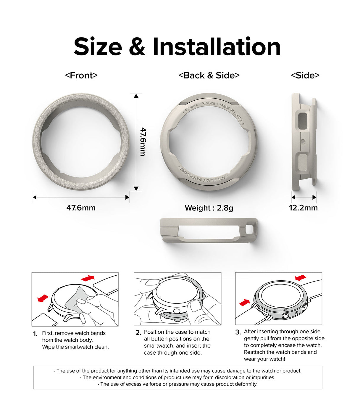 Galaxy Watch 6 44mm Case | Air Sports - Technical diagram showing dimensions, weight, and installation steps for the case.
