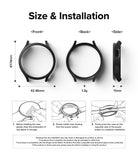 Galaxy Watch 6 40mm Case | Slim - Dimensions, weight, and three-step installation guide for a black smartwatch case.