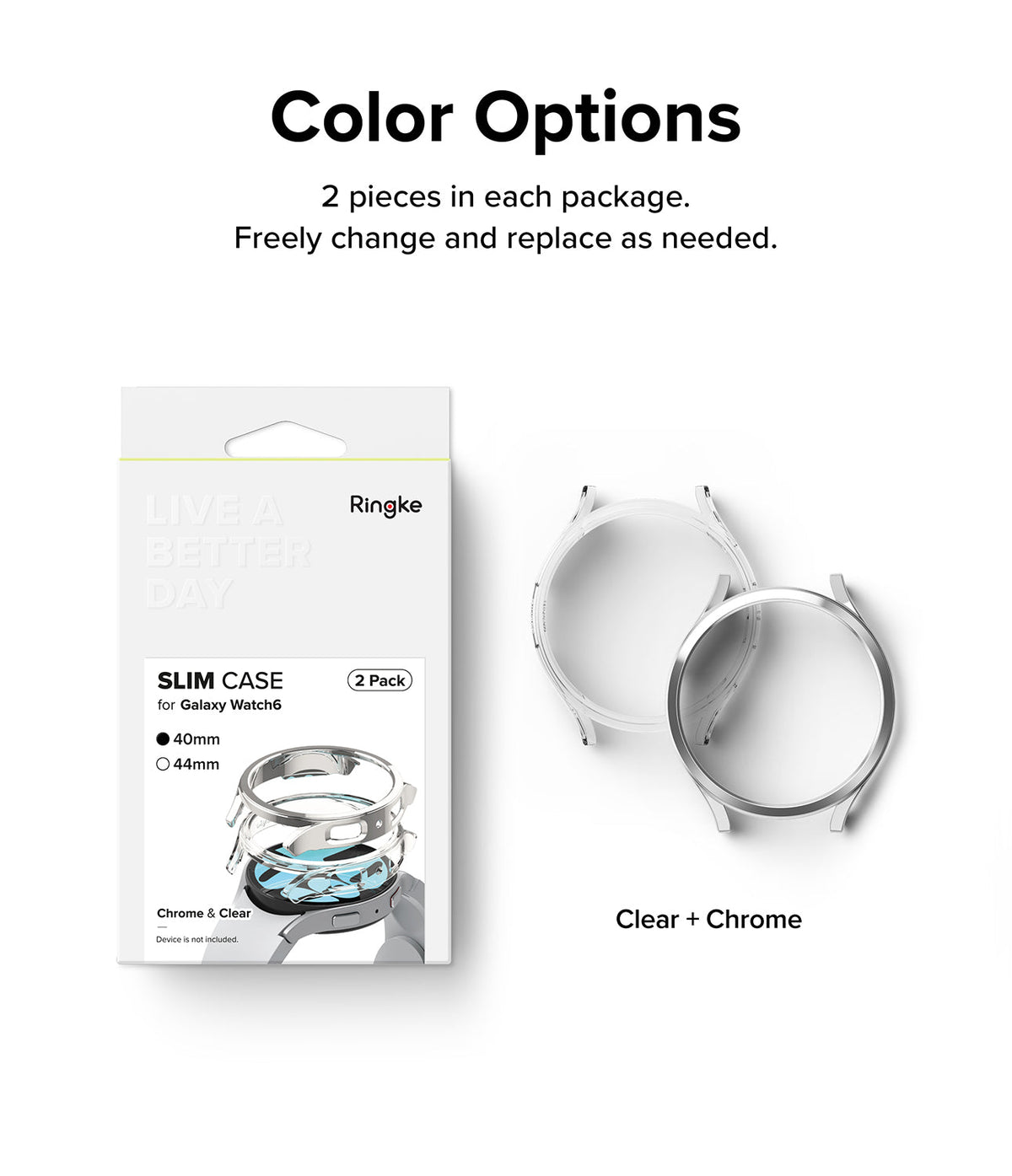 Galaxy Watch 6 40mm Case | Slim - Ringke 2-pack slim watch cases in clear and chrome finishes next to retail packaging.