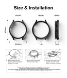 Galaxy Watch 6 44mm Case | Slim - Dimensions, weight, and three-step installation guide for a black smartwatch case.