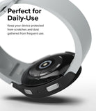 Galaxy Watch 6 44mm Case | Slim - Black protective case on a Galaxy Watch 6 with a white band, featuring text about daily use.